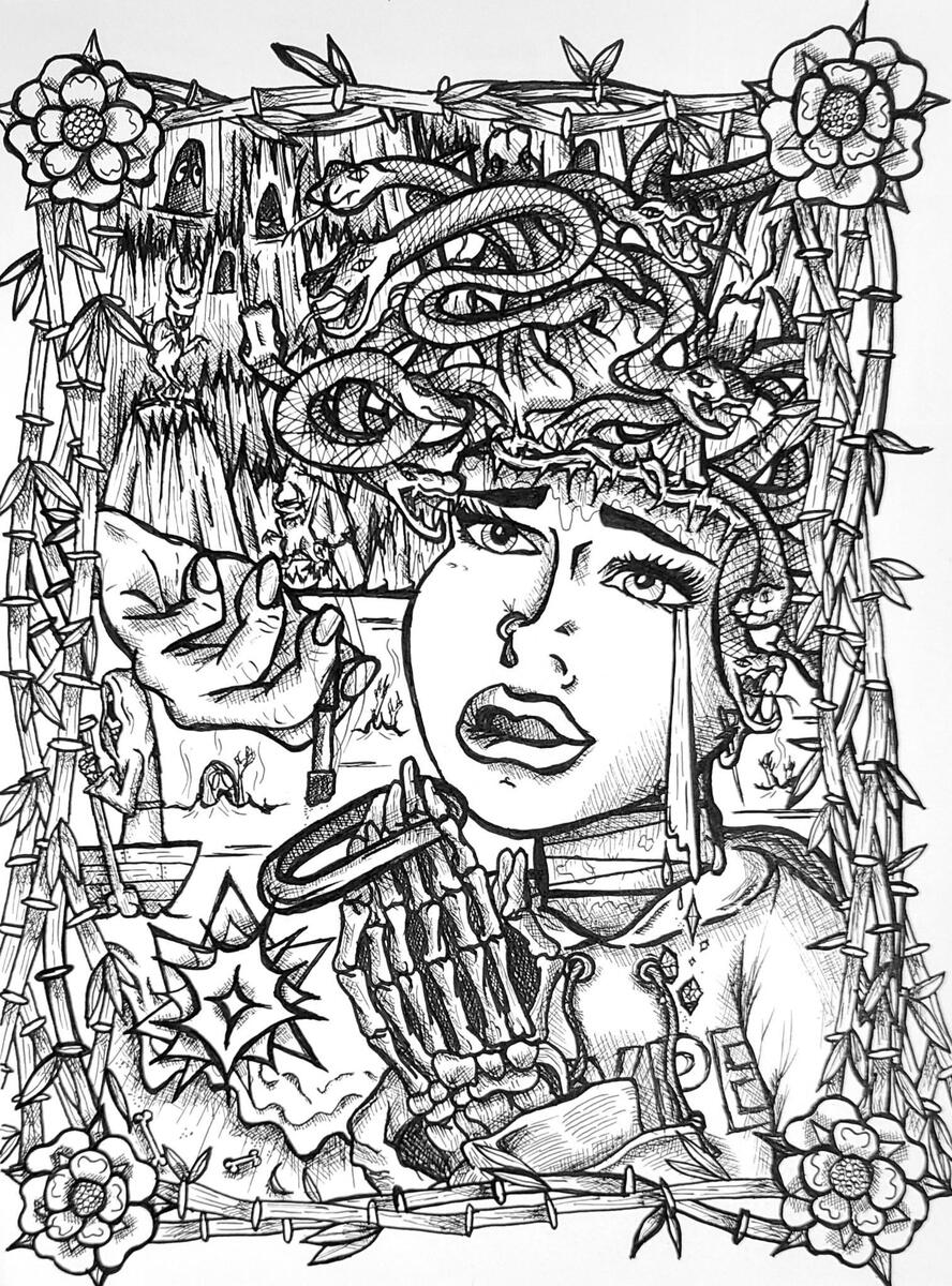 Self-portrait. Sakura Micron Pigma ink on paper. Boston, Massachusetts. Ca. 2023.